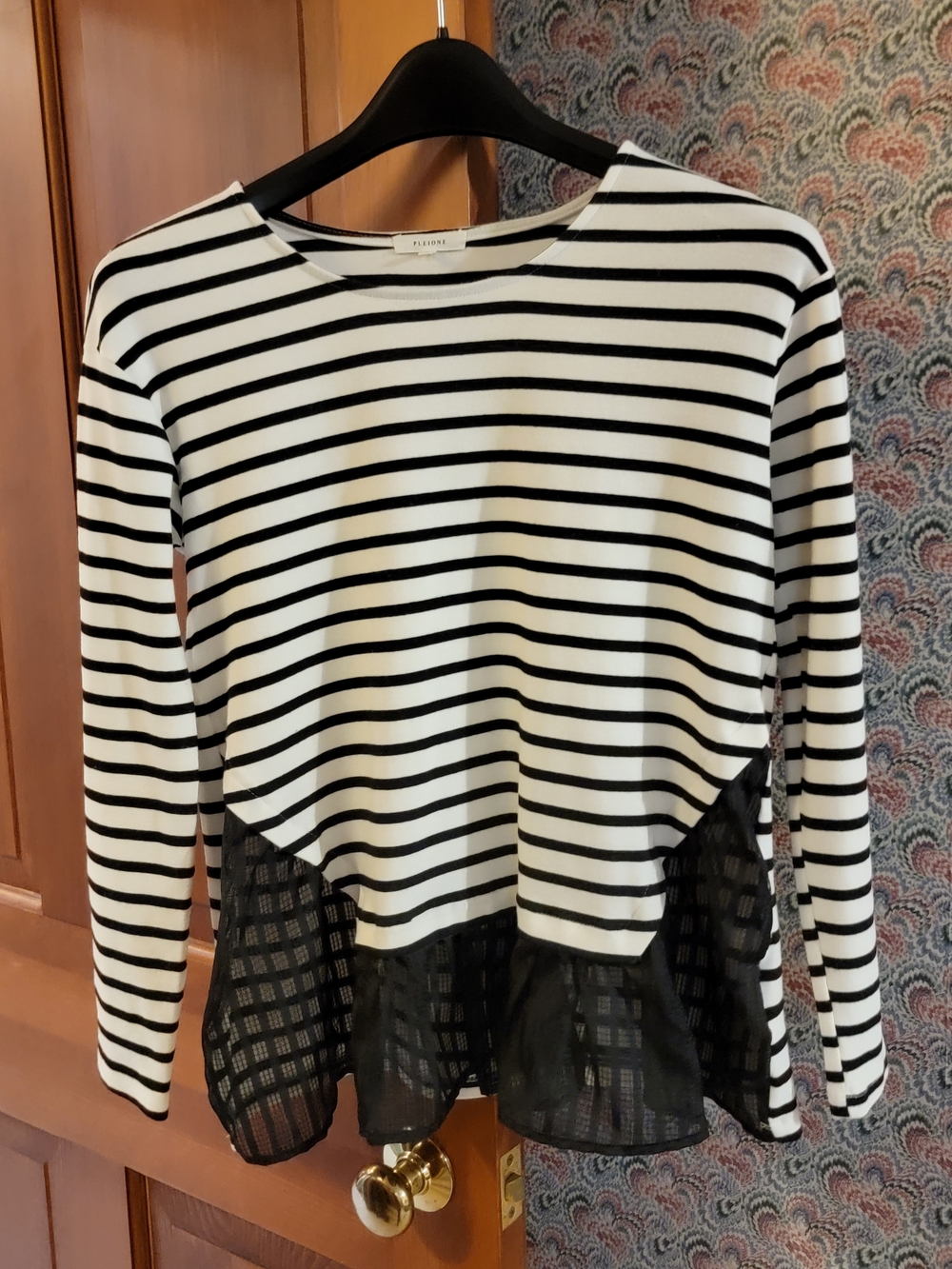 Pleione Black White Striped Mixed Media Sheer Peplum Top Small